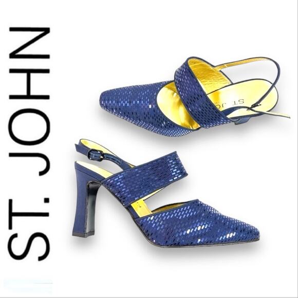 ST JOHN Electric Blue Sequin Evening Slingback Block Heels with Dust Bag SZ 7 - Picture 1 of 14
